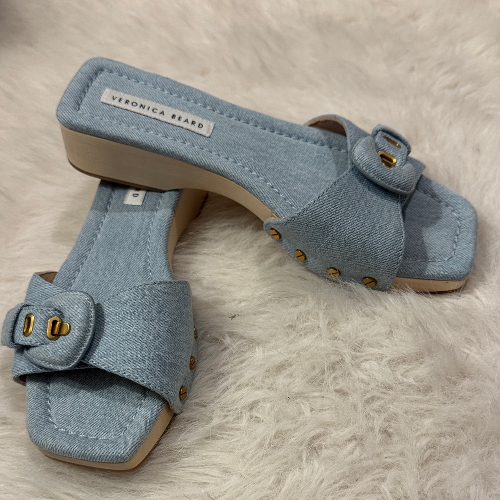 Veronica Beard Denim Mules with Wooden Heel Clog Slide Sandals Size 7 NWOT. - Picture 10 of 10